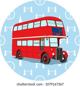 Double decker red bus vector illustration. City public transport service vehicle retro-bus isolated on blue background. Routemaster