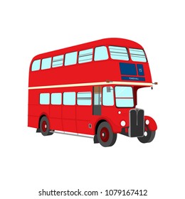 Double decker red bus vector illustration. City public transport service vehicle retro-bus isolated on white background. Routemaster