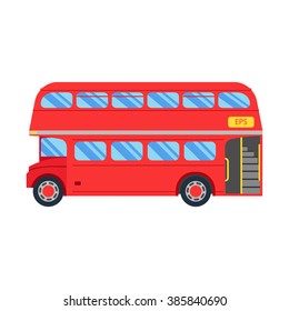 Double decker red bus vector illustration, flat design. City public transport service vehicle retro-bus isolated on a white background