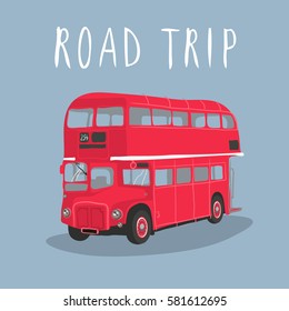 Double decker red bus vector illustration. City public transport service vehicle retro-bus isolated on blue background. Routemaster