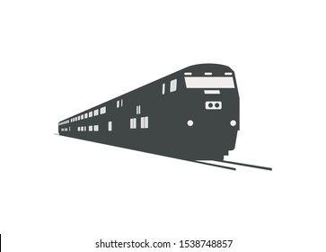 Double decker train pulled by electric diesel locomotive. Silhouette style with perspective view.
