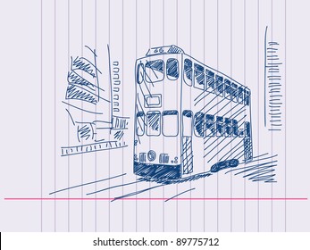 Double deckers tram Hand drawn. Visit my portfolio for huge hand drawn collection