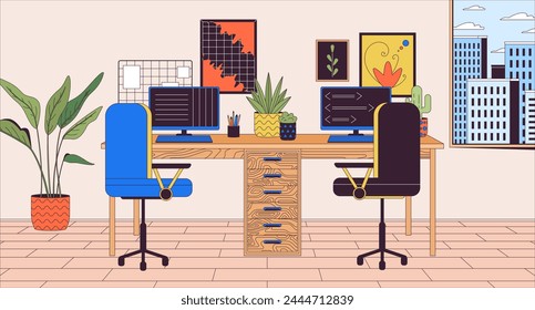 Double desk at home office cartoon flat illustration. Workplace for two computer users 2D line interior colorful background. Well equipped freelancer workspace scene vector storytelling image