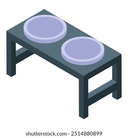 Double dog bowl with stand for feeding water and food to pets, isometric illustration