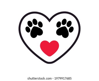 Double Dog Paw Print Inside Heart Outline Logo Icon Shape 