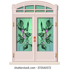 Double door with drawing. Vector.
