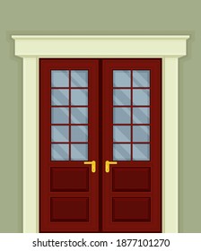 Double Door with Glass Window and Doorknob as Building Entrance Exterior Vector Illustration