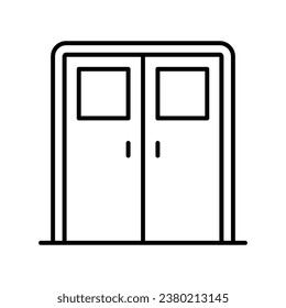 Doble puerta con un icono de ventana de vidrio. Estilo de contorno simple. Puerta de entrada, hospital, marco, puerta, casa, concepto interior de casa. Símbolo de línea delgada. Ilustración vectorial aislada.