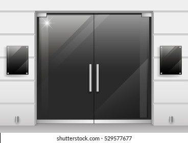 Double Doors Of Black Glass Entrance To The Store Or Office. Vector Graphics