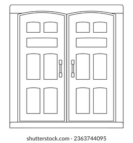 Double doors outline with door knobs isolated on white background. Clipart.