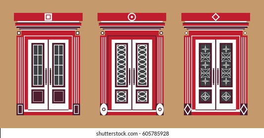 Double doors of various designs isolated on brown background