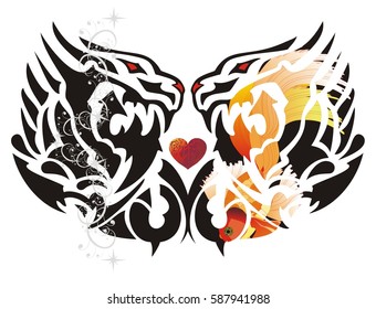 Double dragon symbol with red heart. Dragons with a pattern, with an open jaw and bloody eyes, were created in the form of heart