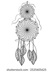 Double Dreamcatcher Outline, Meditative Coloring Page With Magical Amulet With Weave And Feathers Vector Illustration