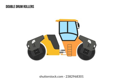 Rolladores de tambor doble equipo pesado Ilustración plana, rodillos de tambor doble equipo pesado Plantilla vectorial