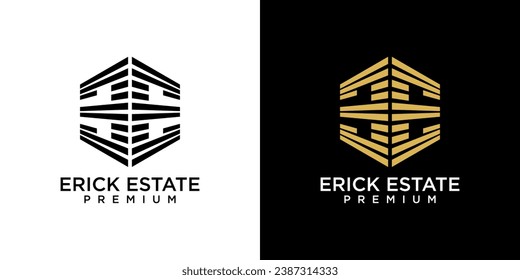 Double E logo design vector template. Golden real estate building with letter E. Golden E logo isolated on black background. Logo design of investment, company, business, E, Financial.