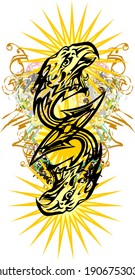 Double eagle head symbol colorful splashes. Double eagle symbol with arrow elements, golden floral motifs, star-shaped sun element for your ideas, prints on T-shirts, textile, wallpaper, etc.
