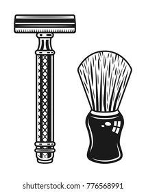 Double edged razor and shaving brush vector objects isolated on white background