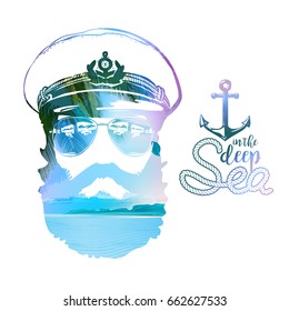 Double effect of captains Portrait. Beard, forage cap, sunglasses, anchor rope. Vector illustration Vintage nautical clubs and bars logo and emblems.