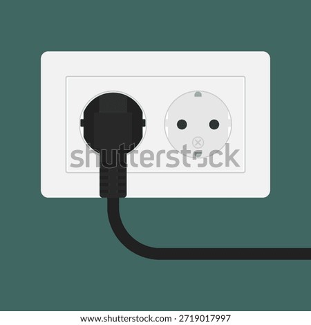 Double electric wall socket with black power plug. Vector illustration of white dual electrical outlet for content regarding household energy consumption, electrical safety, home renovation, and power supply. EPS10