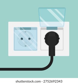 Double electrical wall socket with protective covers and plug. Vector  bathroom wall outlet illustration for themes involving electricity, home improvement, power supply, and electrical safety