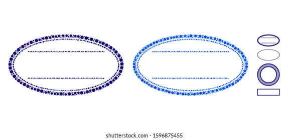Double ellipse frame mosaic of filled circles in variable sizes and color tints, based on double ellipse frame icon. Vector filled circles are united into blue collage.