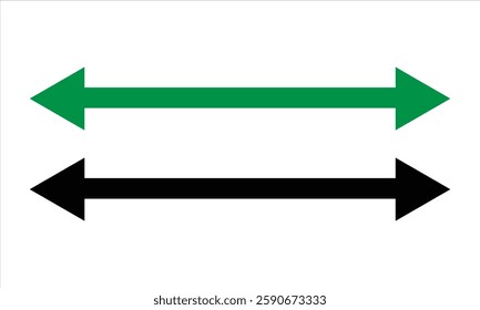 Double ended black and green arrow icon vector on white background. Double side long arrow vector, silhouette. Vector horizontal arrow variation isolated on white background. 
Straight long arrow.