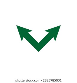 Double ended green arrow. Dual sided arrow. Corner wide shape. Vector illustration and symbol.