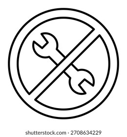 Ícone de linha fina de proibição de chave inglesa com ponta dupla, conceito de reparo. Gráficos vetoriais. Proibido, sinal de item proibido no fundo branco, ícone de estilo de estrutura de tópicos para design móvel ou web