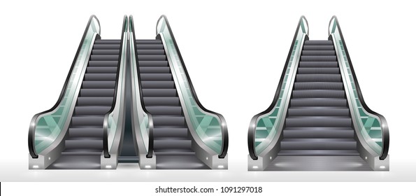 Double escalator shopping center or office with transparent glass. Vector graphics