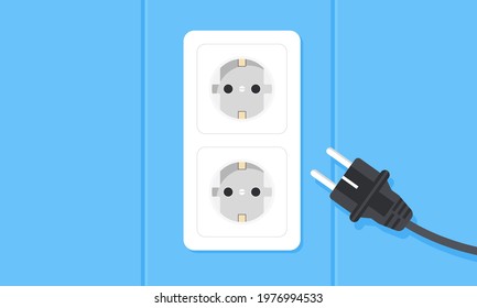 Double European electrical socket on wall at home with blue wall background. Power cable about to be plugged in. House electricity and outlet concept. Vector illustration.