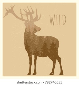Double exposition deer with forest panorama - wild deer grunge emblem. Vector illustration