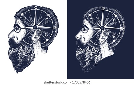Double exposition portrait of the traveler tattoo art. Dreamer, tourist, fashionable bearded hipster man t-shirt design. Mountains and compass in silhouette of person. Black and white vector graphics 