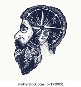 Double exposition portrait of the traveler tattoo art. Dreamer, tourist, fashionable bearded hipster man t-shirt design. Mountains and compass in silhouette of person art graphic 