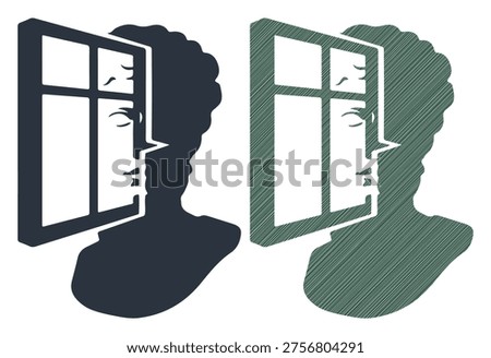 Double exposure art style, architectural vision concept, head with window frame graphic