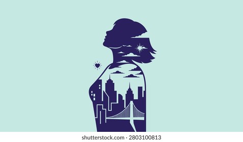 Double exposure artistic illustration featuring the profile silhouette of a woman combined with an urban city landscape and a suspension bridge