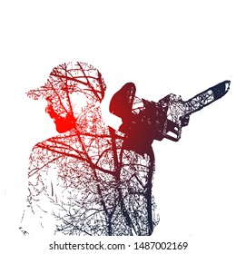 Double exposure of bearded brutal man with chainsaw. Tree branch on body.