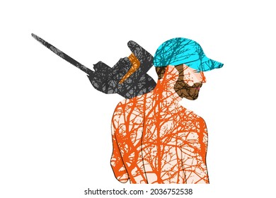 Double exposure of bearded man with chainsaw