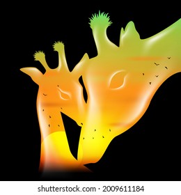 Double exposure  beautiful sunset nature portrait combined giraffe, wildlife in safari south Africa, Campaign save protect extinct giraffe family on black background vector illustration