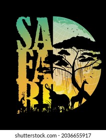 Double exposure  beautiful sunset nature portrait combined text "SAFARI", wildlife in safari south Africa, Campaign save protect extinct animal family on black background vector illustration set 1