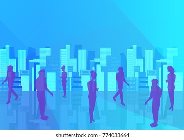 Double exposure business vector illustration. Business people and modern cityscape. -stock vector