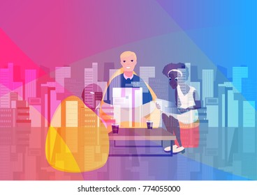Double exposure business. Vector illustration. Business co working process. Three people make conversation and work together. Open space office. Man, girl, students, bag chair, gradient illustration.