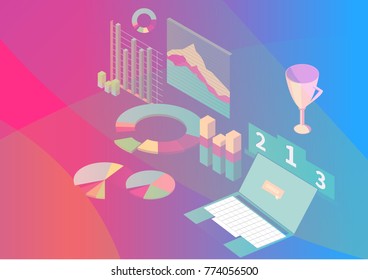 Double exposure business. Vector illustration. Isometric infographic for presentations. Flat 3d design. Set of infographics with Diagrams and other Vector Elements for Data and Statistics Presentation