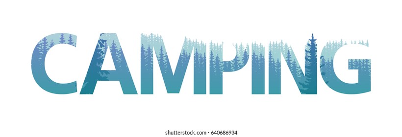 Double exposure Camping text letter with pine forest background vector illustration.
