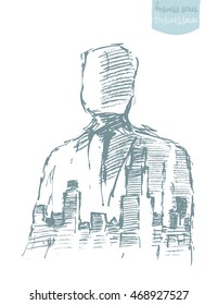 Double exposure of a city and professional businessman portrait. Freedom, aspiration, winner, creativity, hero concept. Vector illustration, sketch