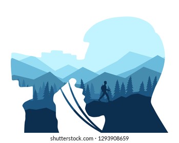 Double exposure with clipping mask. Silhouette of the tourist looking in the binoculars. The traveler goes to the mountains with a backpack.