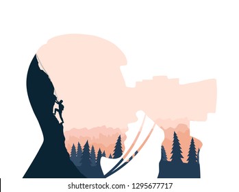 Double exposure with clipping mask. The tourist climbs up the hill. Silhouette of the tourist looking in the binoculars.