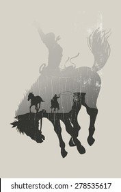 Double exposure of cowboy chasing wild horse through desert on a rodeo cowboy background, vector