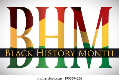 Double exposure design promoting Black History Month -or BHM- celebration with African flag colors inside the letters.