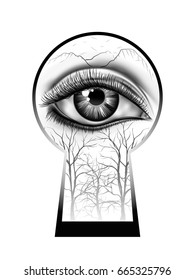 Double exposure drawing of contact eye close-up with black and white background , Look at nature and tree branch on the future into part keyhole