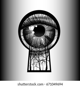 Double exposure drawing of contact eye close-up with black and white background , Look at nature and tree branch on the future into part keyhole